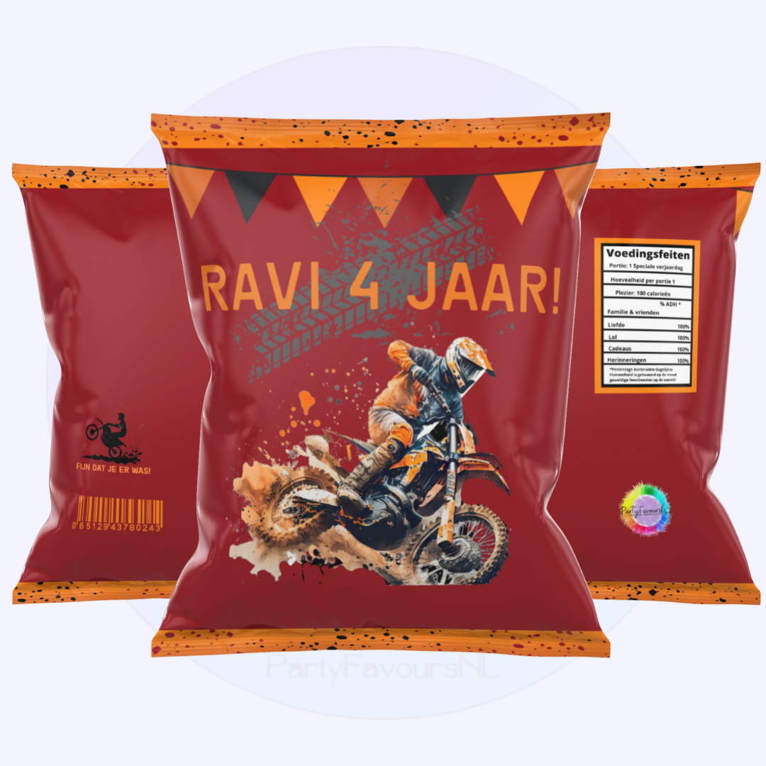 Gepersonaliseerd Chipszakje Motorcross Thema – Stoere Traktatie met Naam & Leeftijd voor Kinderfeestje