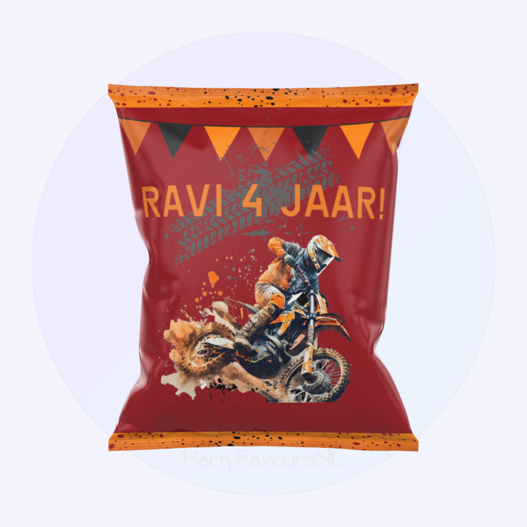 Gepersonaliseerd Chipszakje Motorcross Thema – Stoere Traktatie met Naam & Leeftijd voor Kinderfeestje