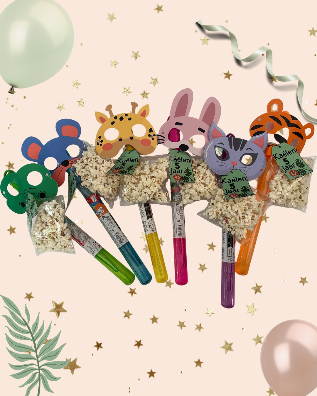 Bellenblaas Traktatie met Popcorn & Dierenmasker – Jungle Thema