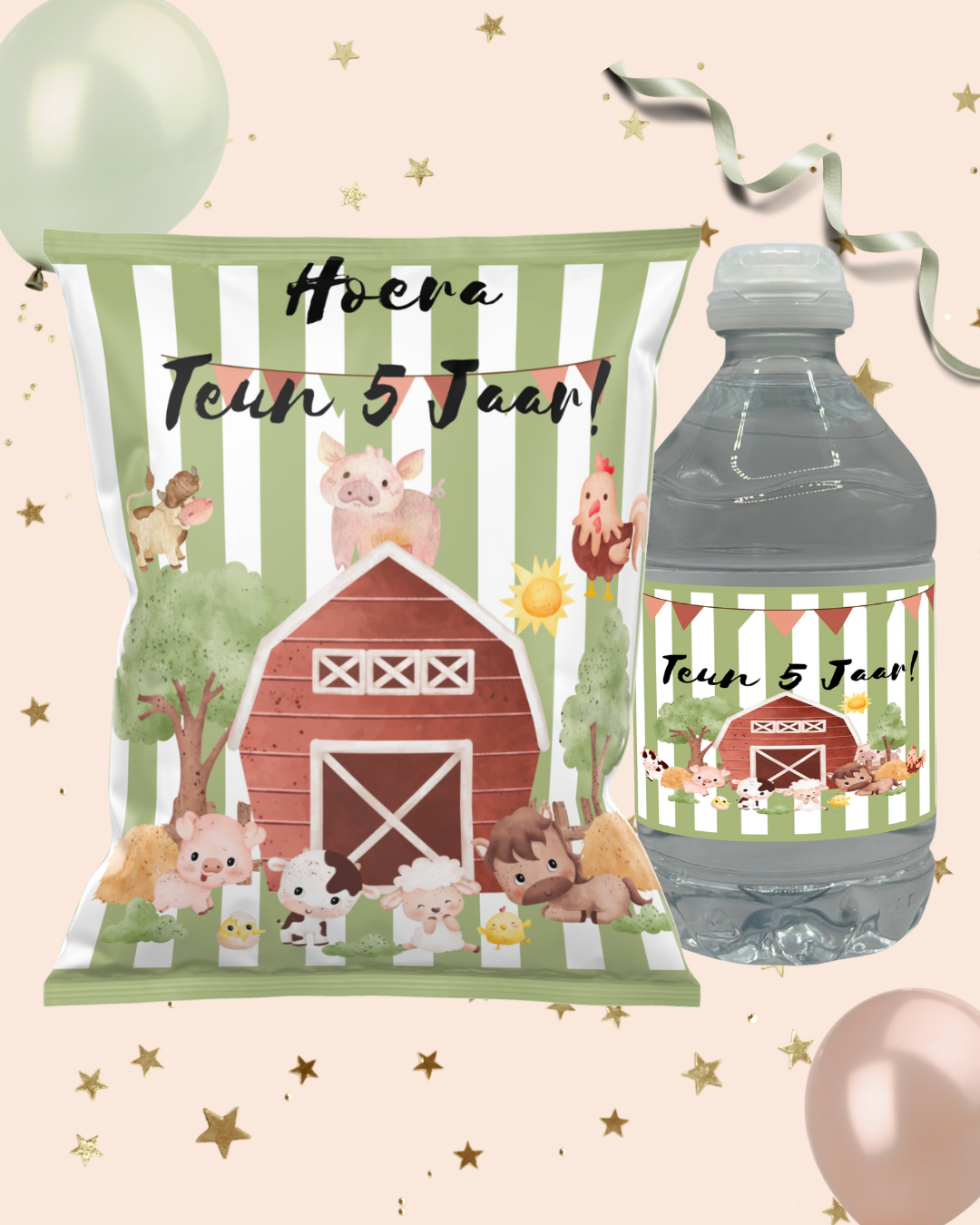 Combi Traktatie Boerderij Thema – Gepersonaliseerd Chipszakje & Waterflesje met Naam voor Kinderfeestje