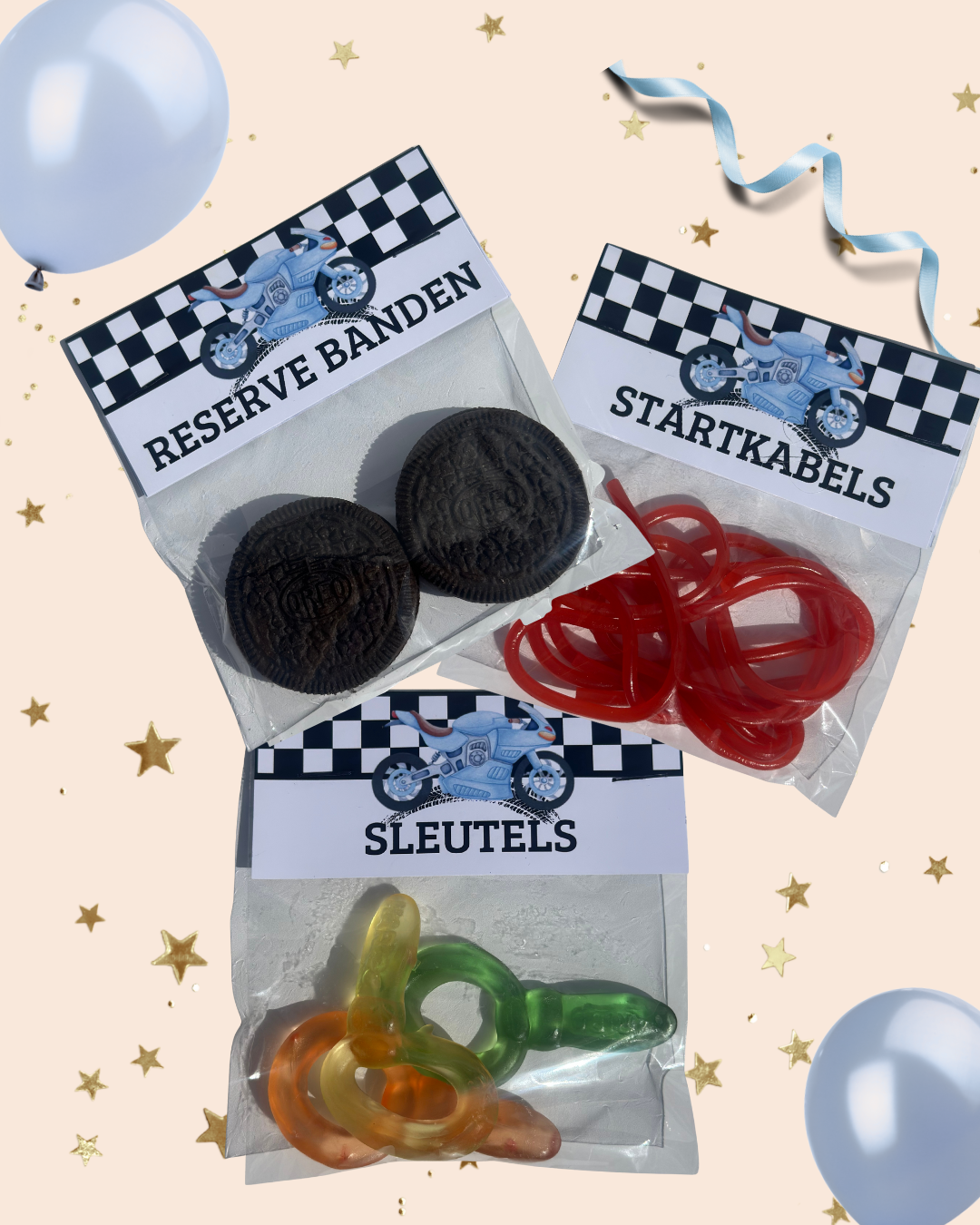 Motorcross Traktatieset – Gepersonaliseerde Chipszakjes, Knijpfruit & Snoepzakjes – Feestelijke Traktatie voor Kinderfeestje met Naam & Leeftijd