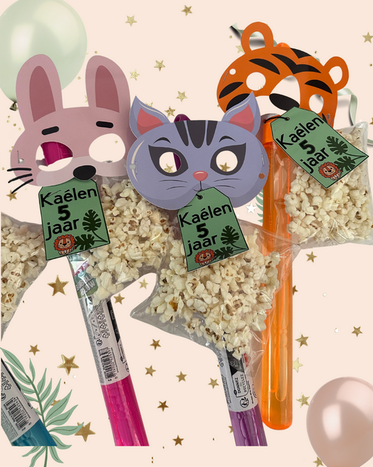 Bellenblaas Traktatie met Popcorn & Dierenmasker – Jungle Thema