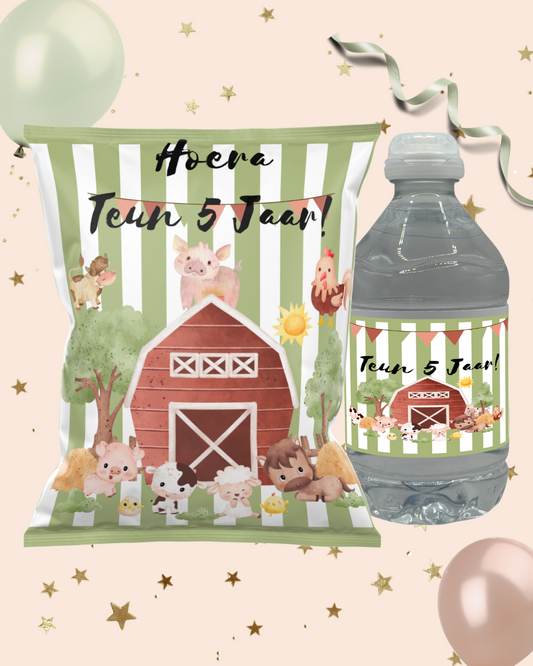 Combi Traktatie Boerderij Thema – Gepersonaliseerd Chipszakje & Waterflesje met Naam voor Kinderfeestje